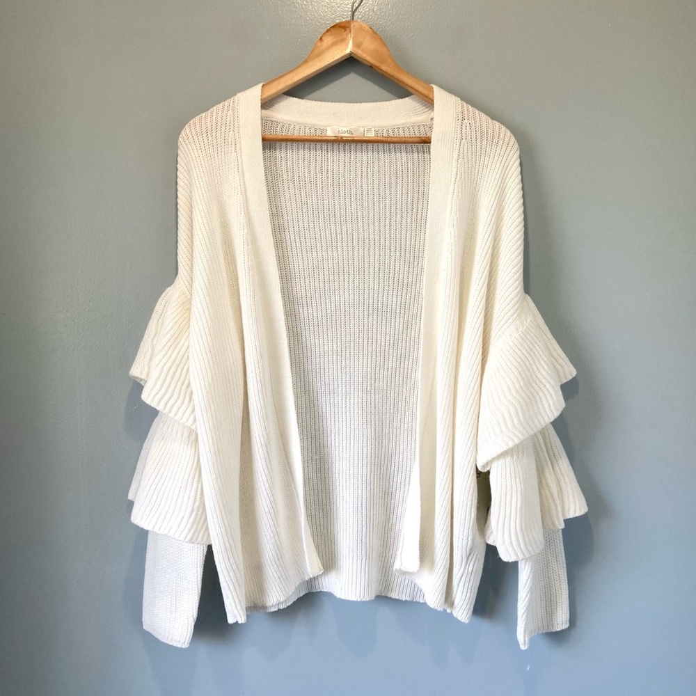 Tiered Ruffle Sleeve Open-Front Knit Cream Cardigan Sweater by Cloth Size Small